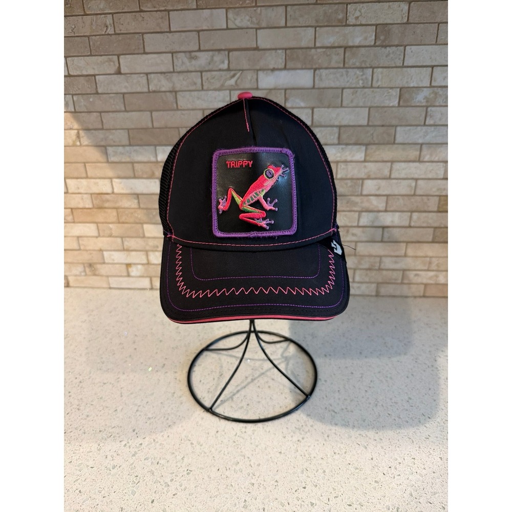 Trippy Frog Black Trucker Hat Embroidered Patch Pink‎ Purple Adjustable